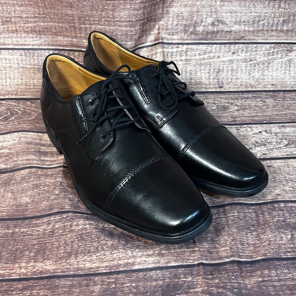 Clarks Mens Tilden Cap Black Leather Oxford Dress Shoes 11 Wide NEW